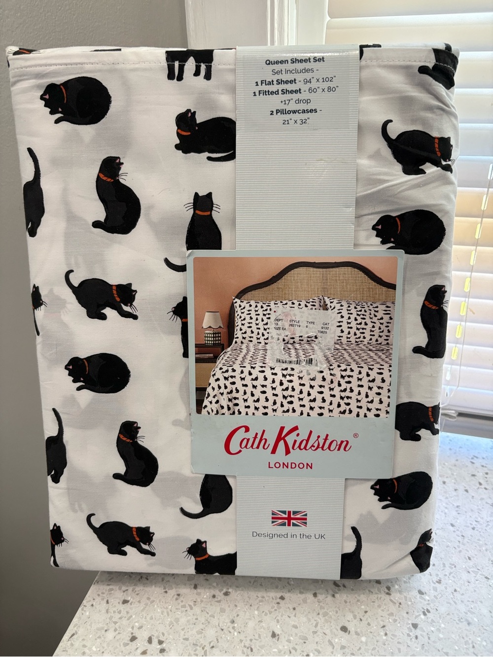Cath Kidston Black Cat Queen Sheet Set - White and Black with Orange Accents